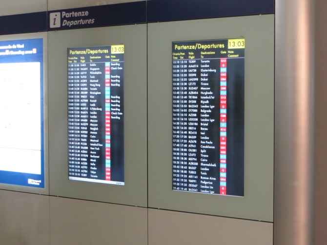 The departures board in Rome airport displays a large amount of information using color, ordering, and fast updating to provide the traveler with critically important information.